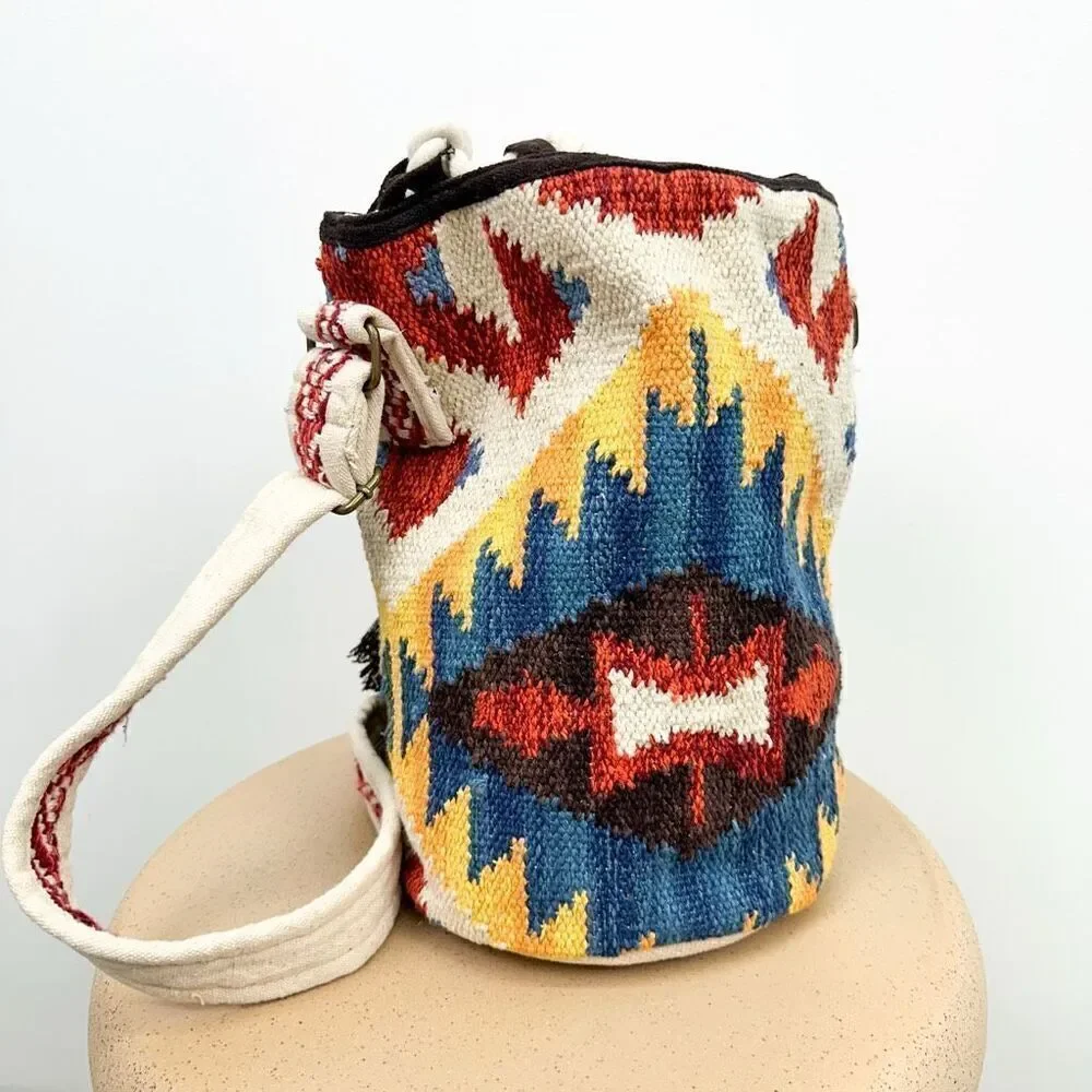 Ruggine Hand Woven Aztec Inspired Boho Bucket Bag With Shoulder Crossbody Strap